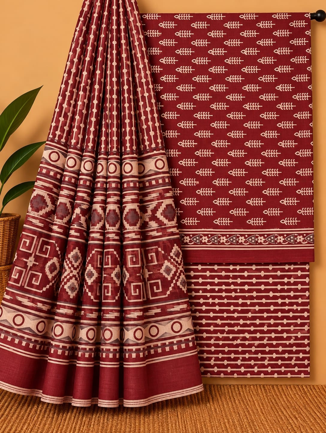 Maroon & Off-White Geometric Unstitched Cotton Screen Print Salwar Suit Set with Mul Cotton Dupatta
