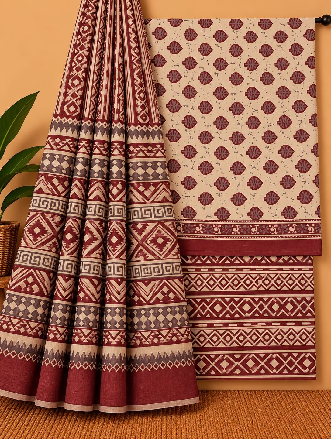 Maroon & Beige Geometric & Floral Booti Unstitched Cotton Screen Print Salwar Suit Set with Mul Cotton Dupatta