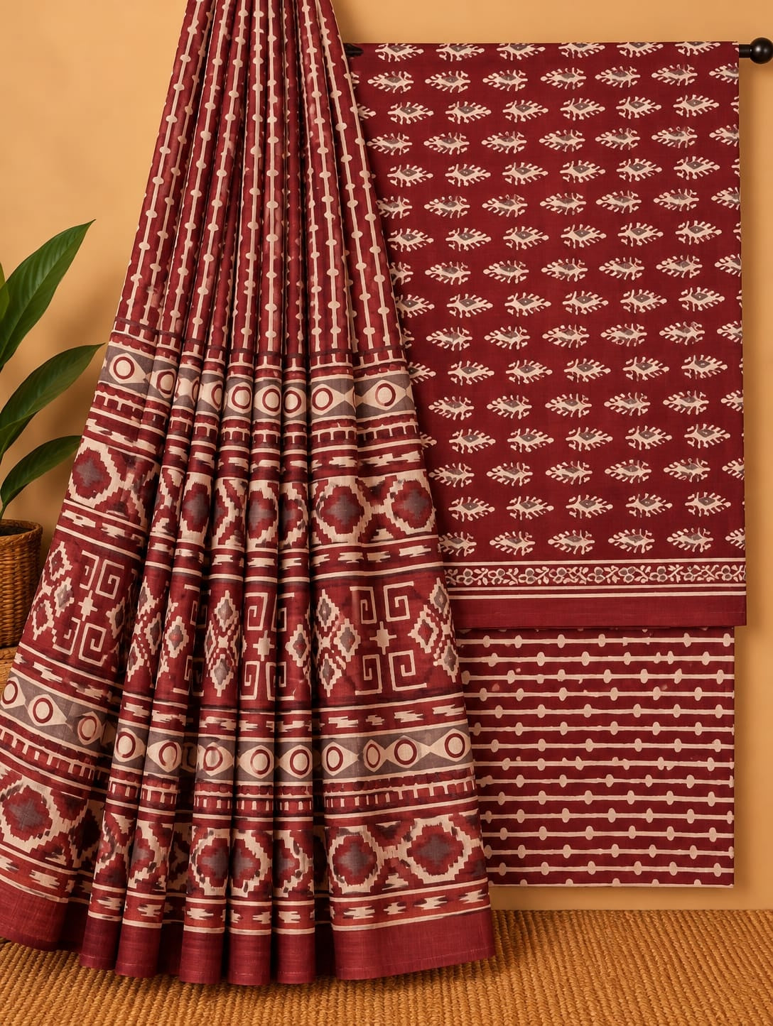 Maroon & Off-White Traditional Print Unstitched Cotton Screen Print Salwar Suit Set with Mul Cotton Dupatta