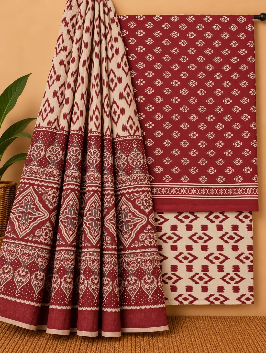 Maroon & Beige Ethnic Motif Unstitched Cotton Screen Print Salwar Suit Set with Mul Cotton Dupatta