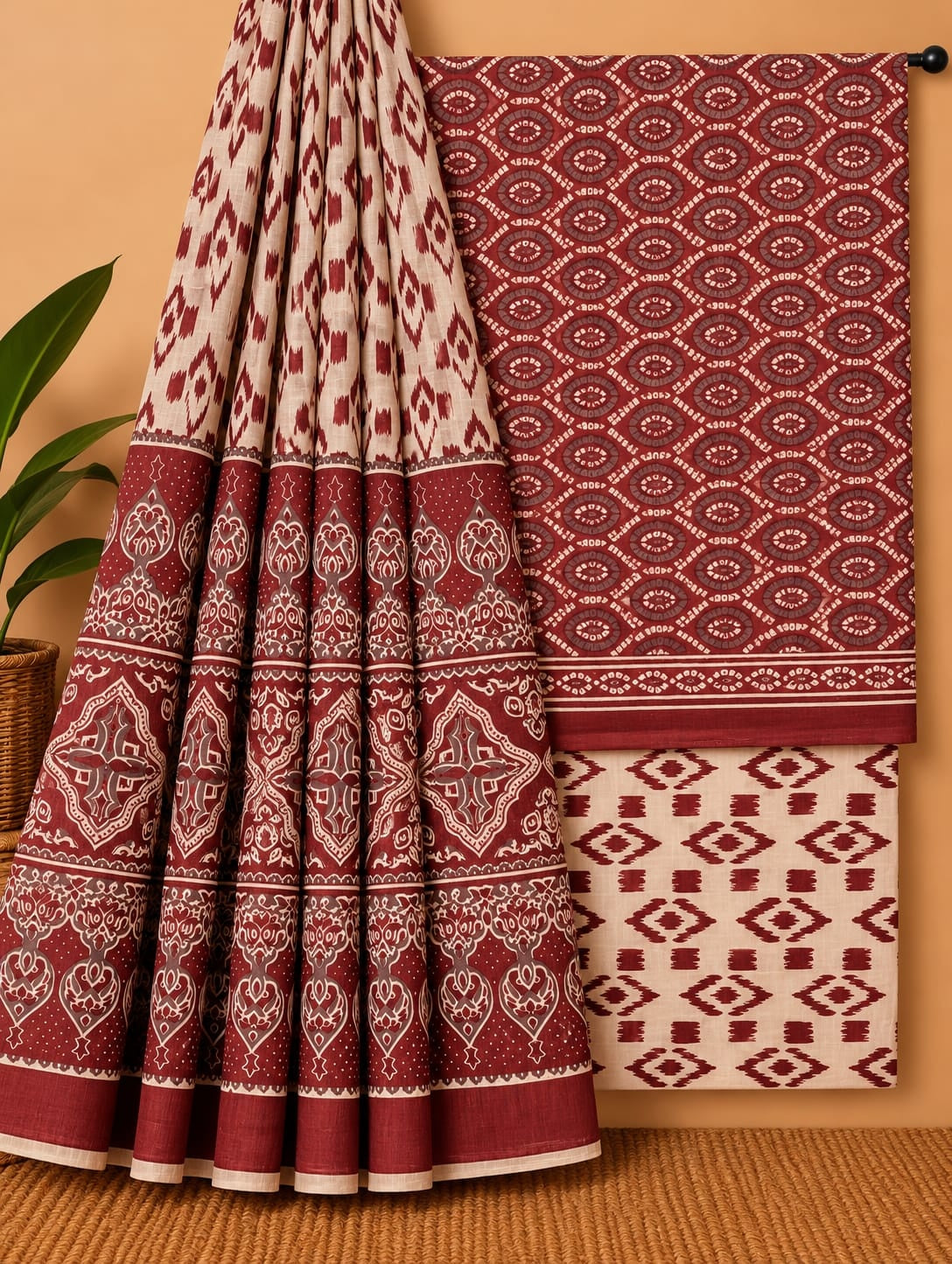 Maroon & Beige Ethnic Motif Unstitched Cotton Screen Print Salwar Suit Set with Mul Cotton Dupatta