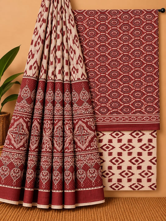 Maroon & Beige Ethnic Motif Unstitched Cotton Screen Print Salwar Suit Set with Mul Cotton Dupatta