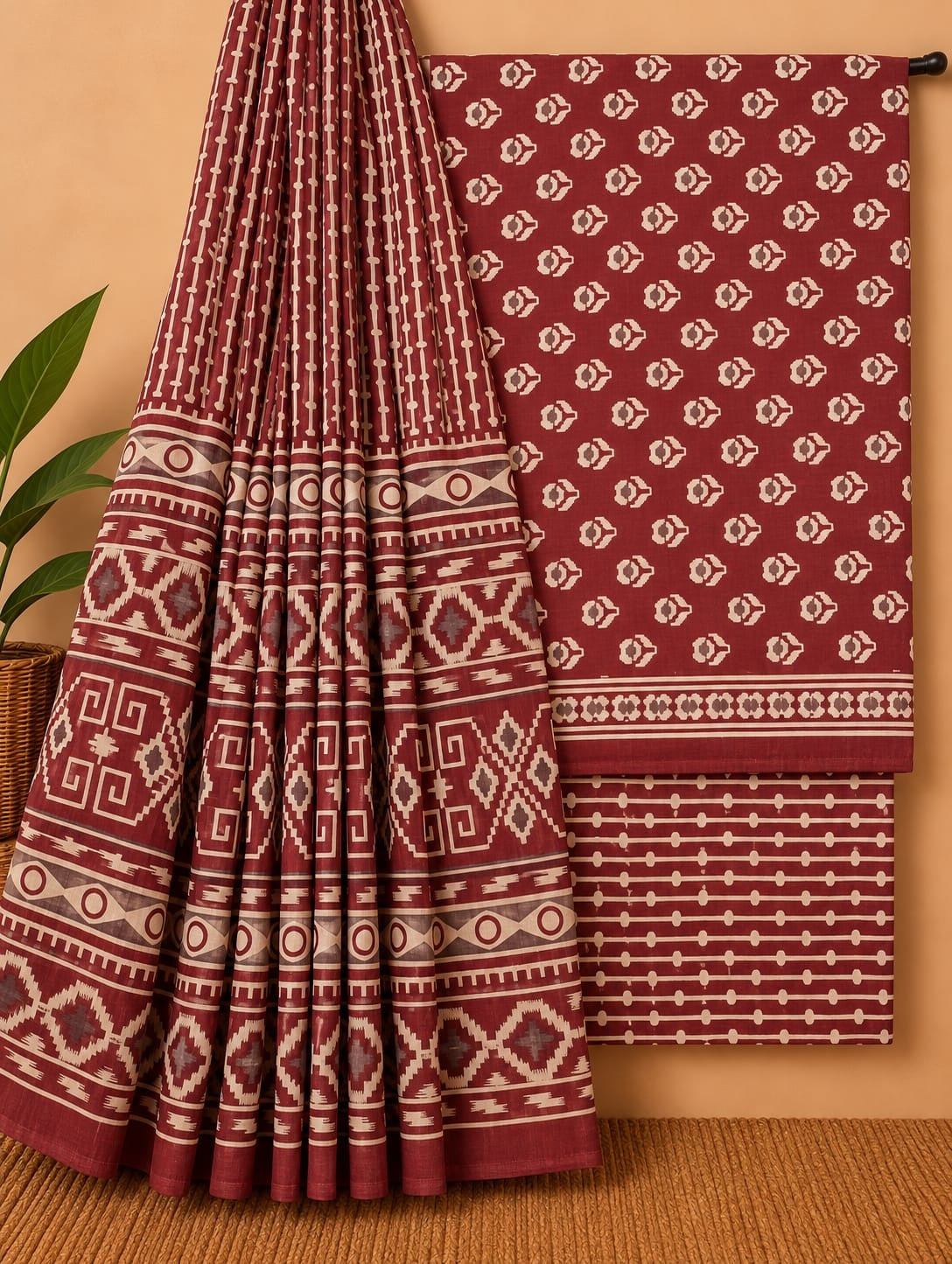 Maroon & Off-White Ethnic Motif Unstitched Cotton Screen Print Salwar Suit Set with Mul Cotton Dupatta