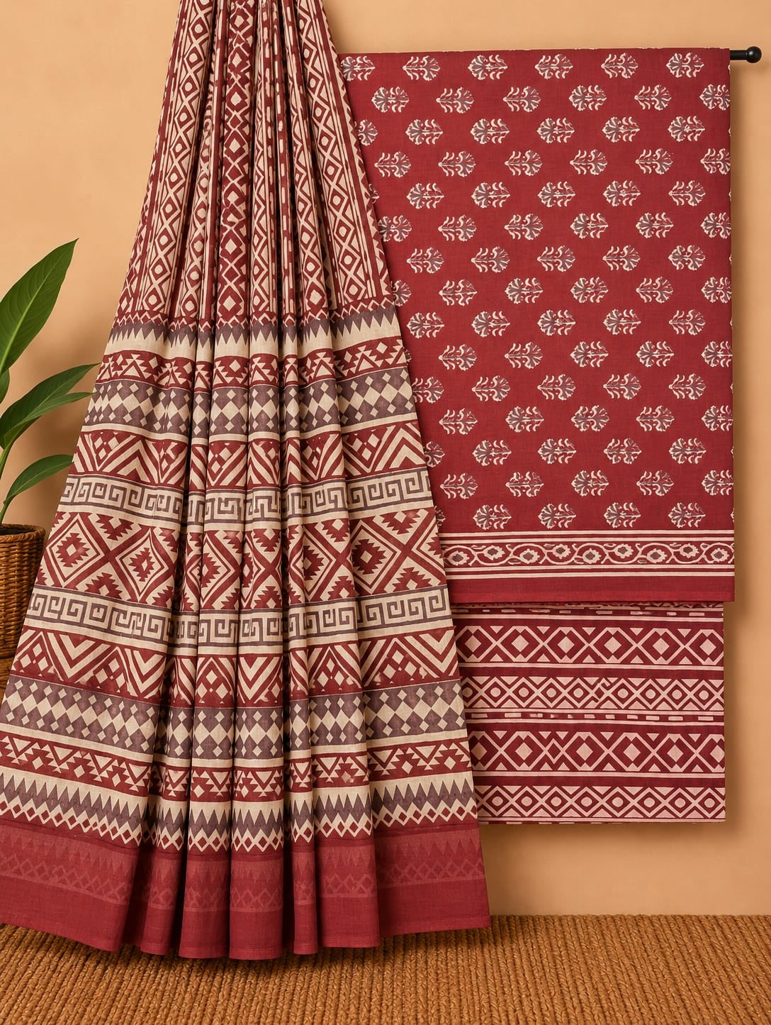 Maroon & Off-White Floral Booti Unstitched Cotton Screen Print Salwar Suit Set with Mul Cotton Dupatta