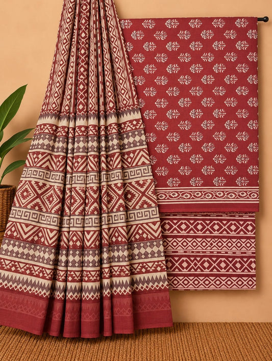 Maroon & Off-White Floral Booti Unstitched Cotton Screen Print Salwar Suit Set with Mul Cotton Dupatta