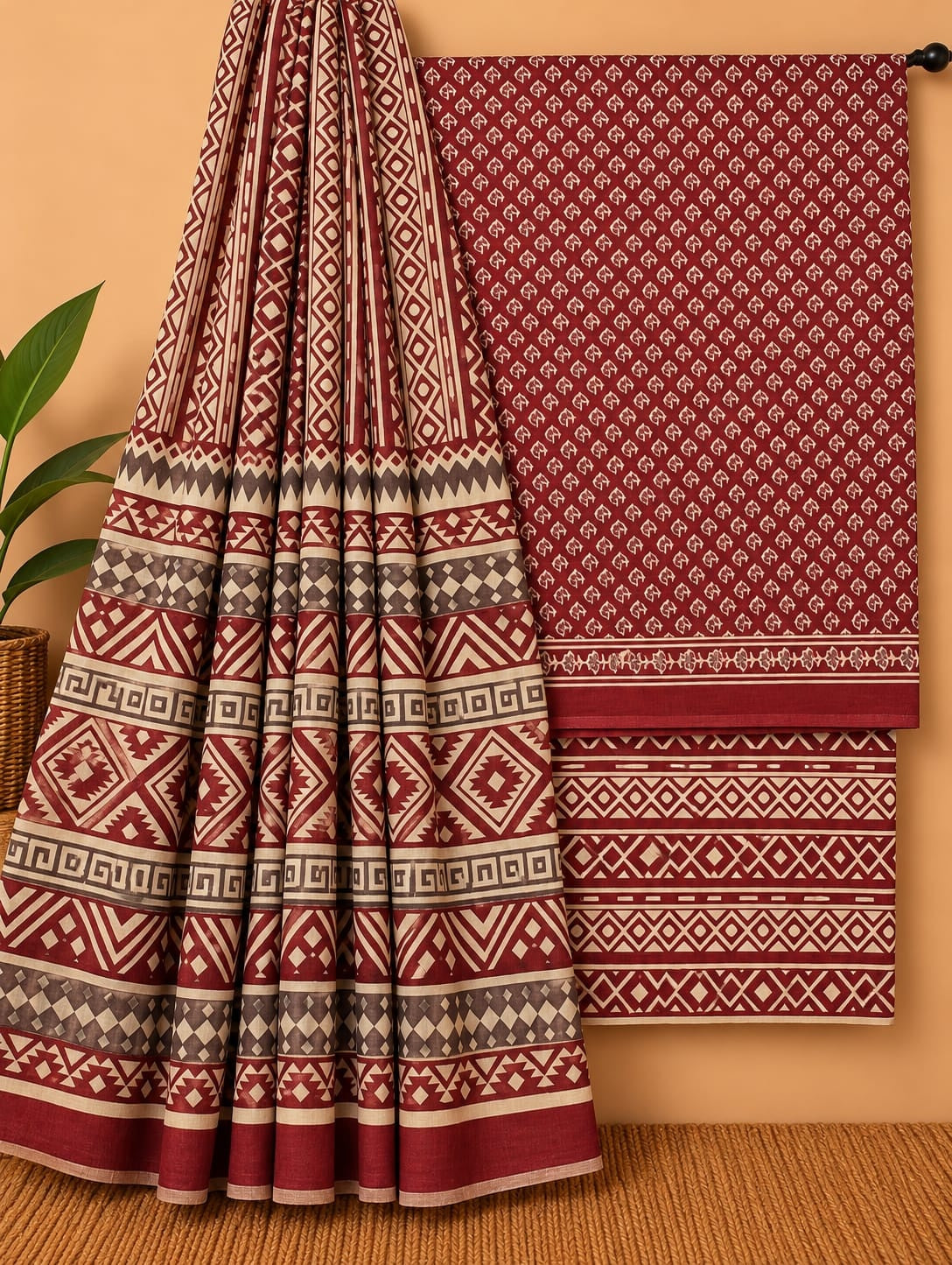 Maroon & Beige Geometric Unstitched Cotton Screen Print Salwar Suit Set with Mul Cotton Dupatta