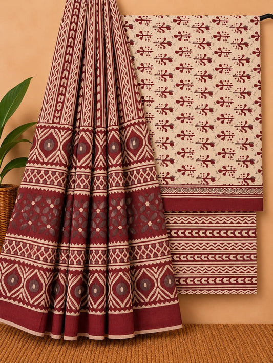 Maroon & Off-White Floral Booti Unstitched Cotton Screen Print Salwar Suit Set with Mul Cotton Dupatta