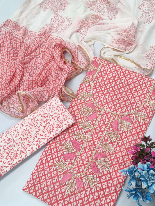 Cotton Gota Patti Neck Work Block Printed Suit Set with Chiffon Dupatta  - TSPSGPCHVJ10