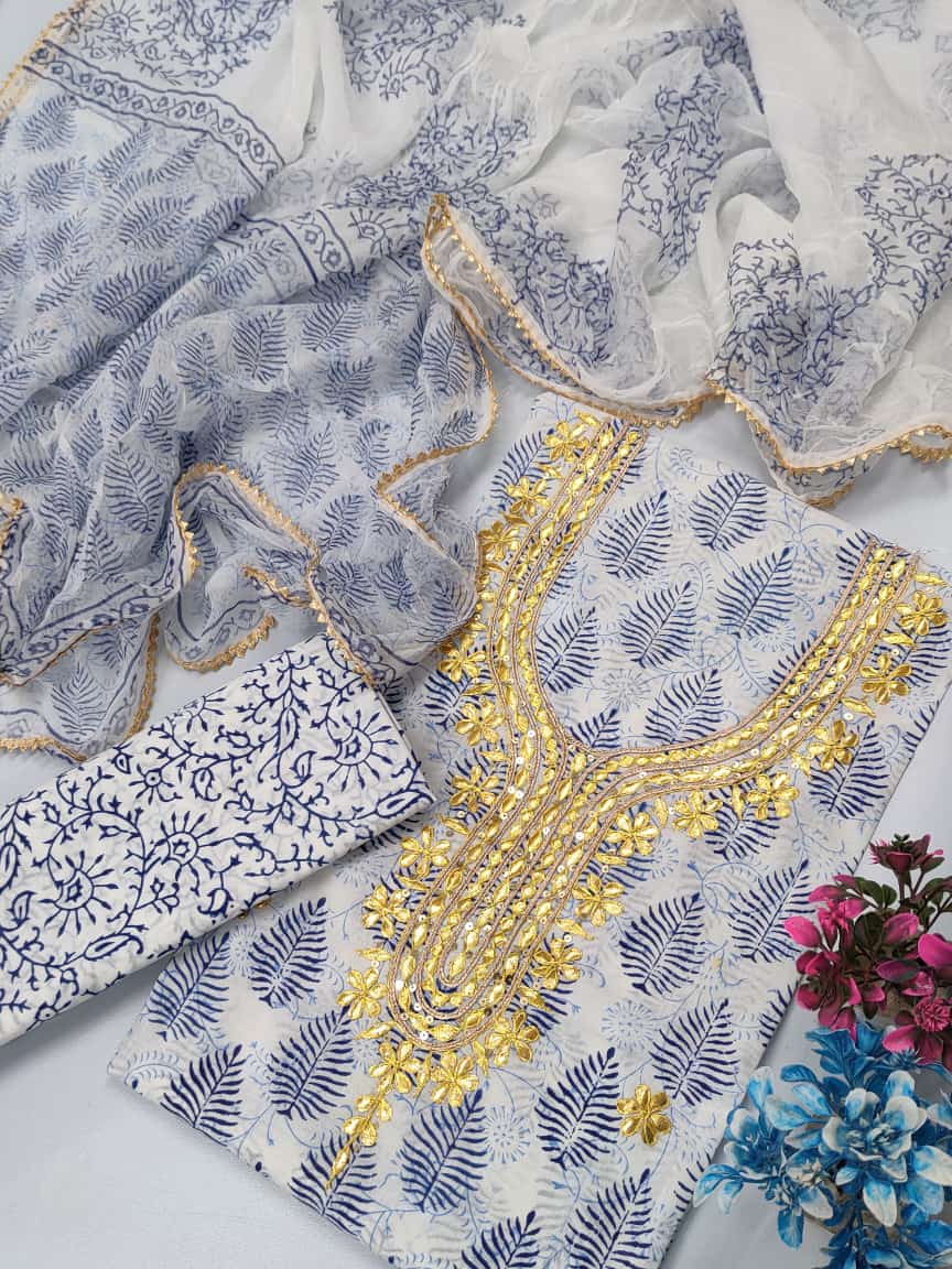 Cotton Gota Patti Neck Work Block Printed Suit Set with Chiffon Dupatta  - TSPSGPCHVJ14