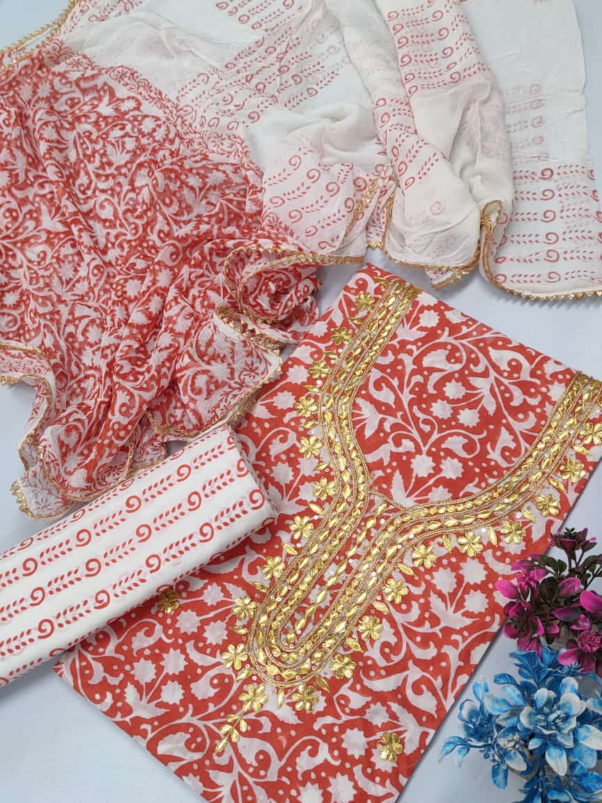 Cotton Gota Patti Neck Work Block Printed Suit Set with Chiffon Dupatta  - TSPSGPCHVJ15