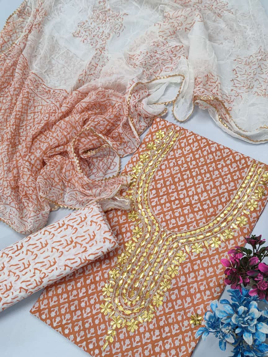 Cotton Gota Patti Neck Work Block Printed Suit Set with Chiffon Dupatta  - TSPSGPCHVJ16