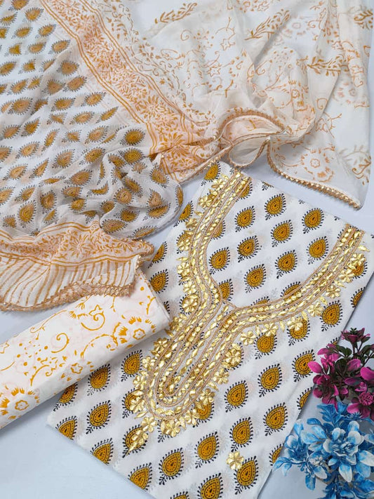 Cotton Gota Patti Neck Work Block Printed Suit Set with Chiffon Dupatta  - TSPSGPCHVJ18