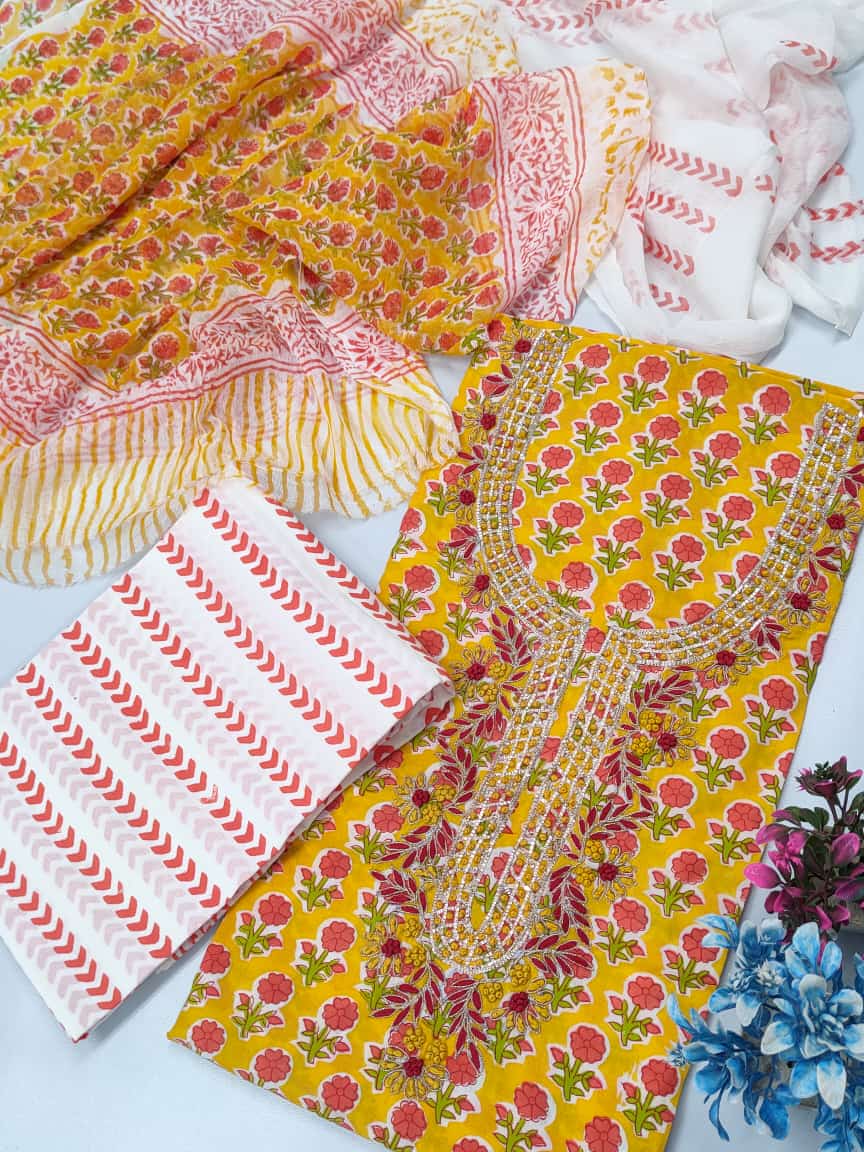 Cotton Gota Patti Neck Work Block Printed Suit Set with Chiffon Dupatta  - TSPSGPCHVJ3