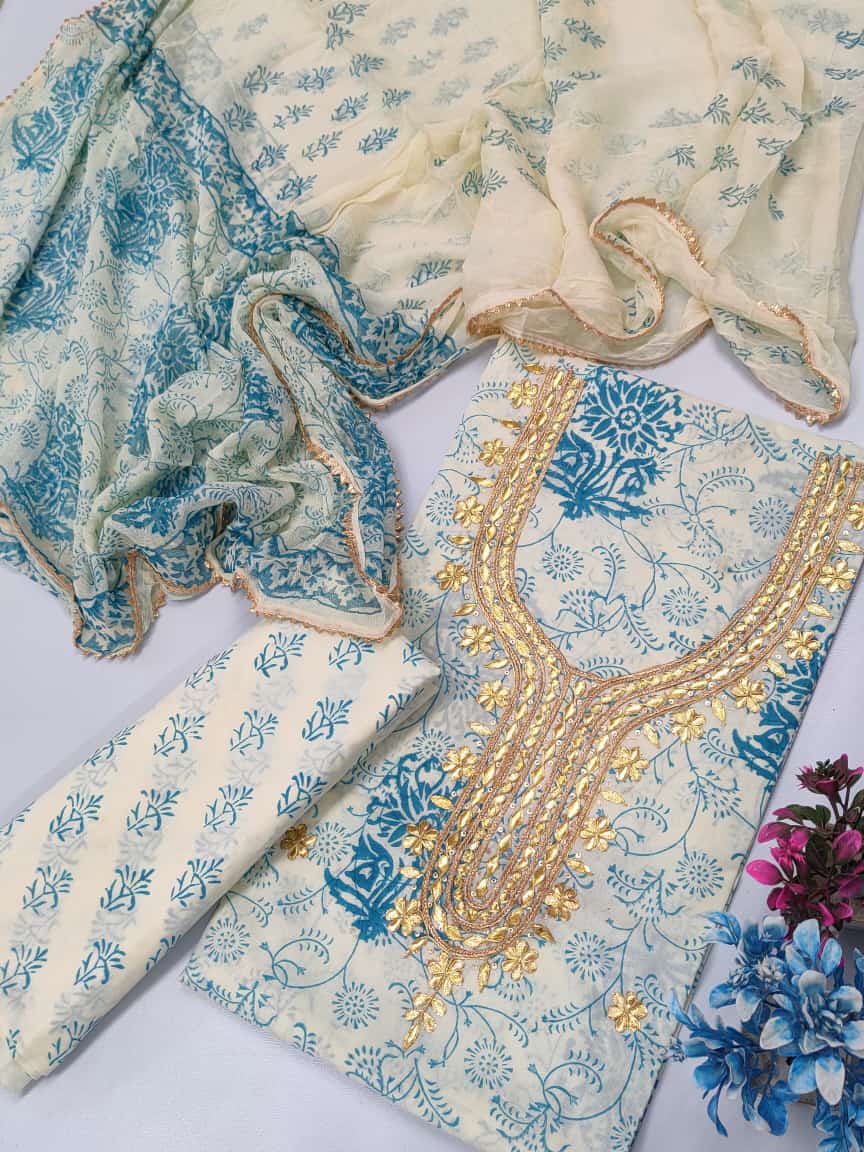 Cotton Gota Patti Neck Work Block Printed Suit Set with Chiffon Dupatta  - TSPSGPCHVJ6