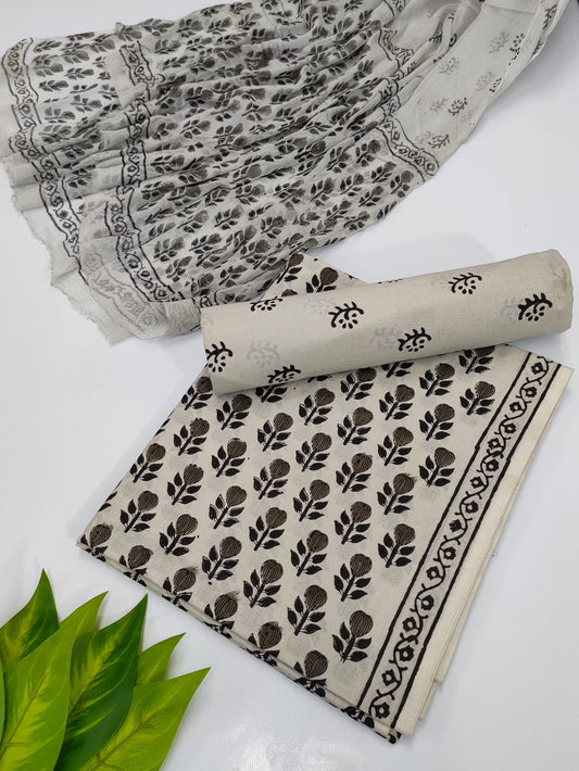 Hand Block Cotton Salwar Suit Set with Chiffon Dupatta  - TSPSCFVJ11