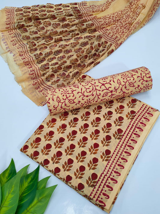 Hand Block Cotton Salwar Suit Set with Chiffon Dupatta  - TSPSCFVJ13