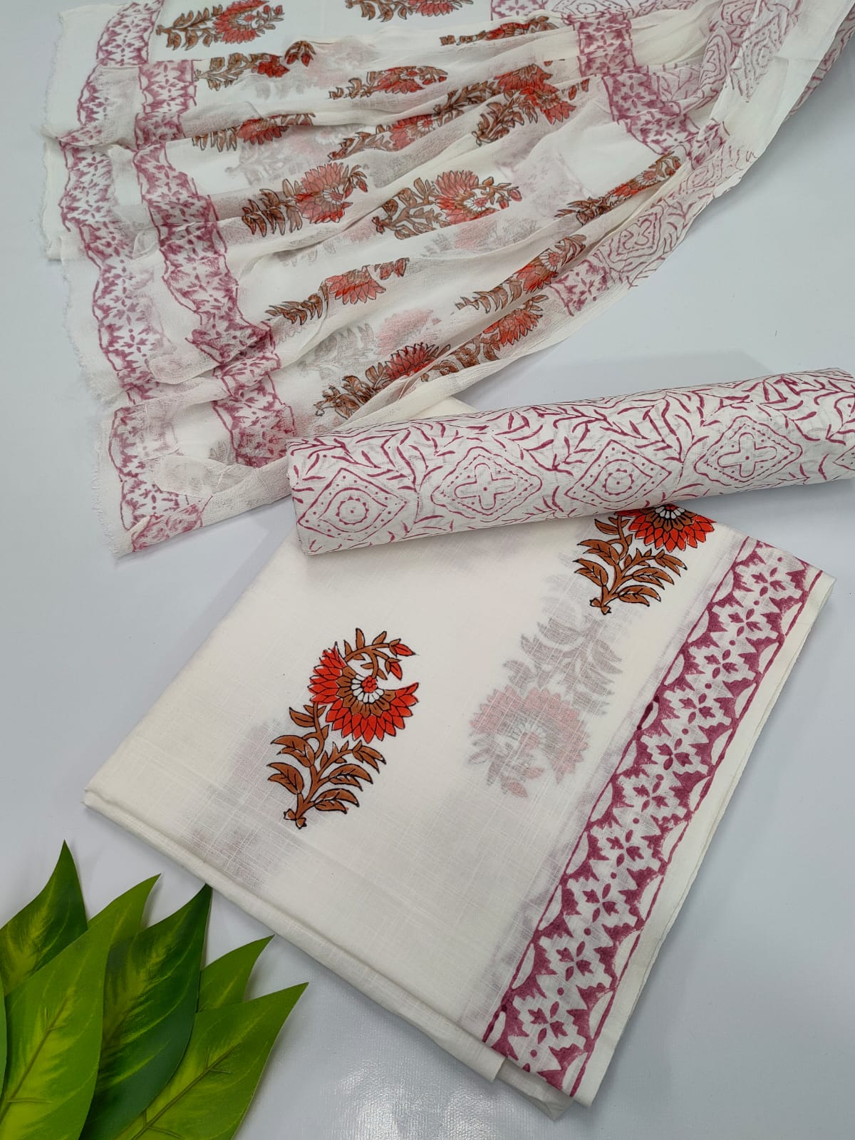 Hand Block Cotton Salwar Suit Set with Chiffon Dupatta  - TSPSCFVJ14