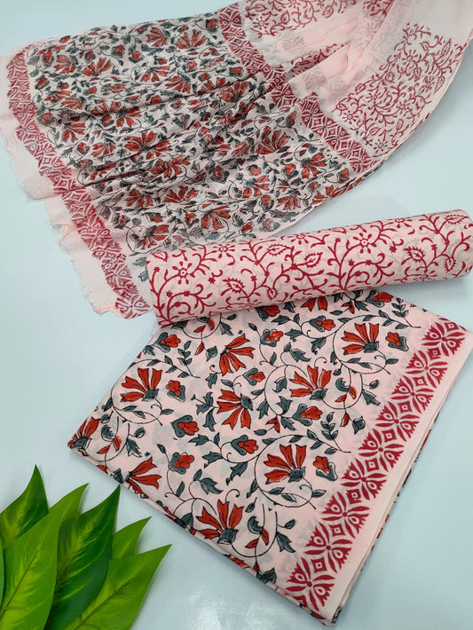Hand Block Cotton Salwar Suit Set with Chiffon Dupatta  - TSPSCFVJ16