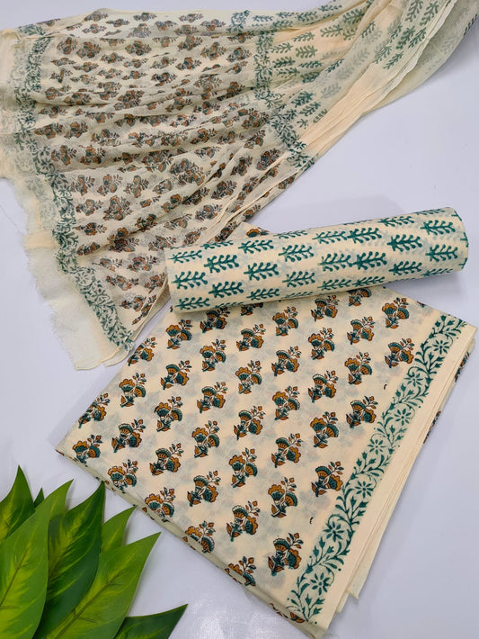 Hand Block Cotton Salwar Suit Set with Chiffon Dupatta  - TSPSCFVJ17