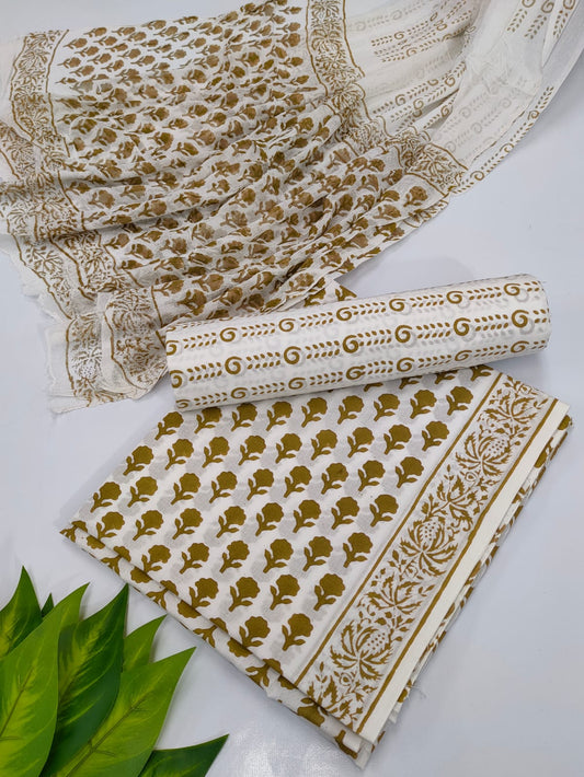 Hand Block Cotton Salwar Suit Set with Chiffon Dupatta  - TSPSCFVJ18
