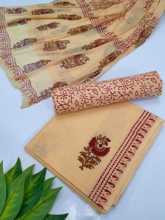 Hand Block Cotton Salwar Suit Set with Chiffon Dupatta  - TSPSCFVJ1