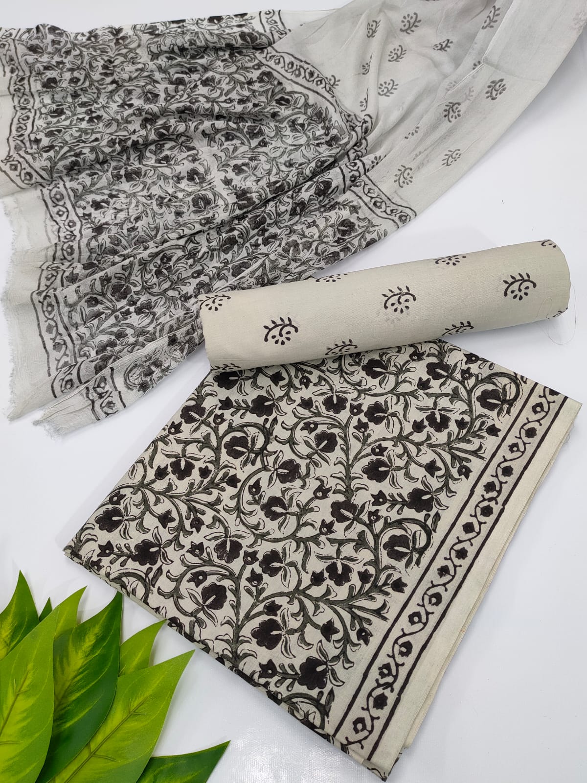 Hand Block Cotton Salwar Suit Set with Chiffon Dupatta  - TSPSCFVJ20