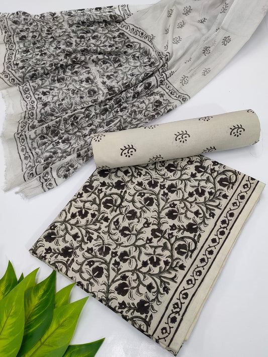 Hand Block Cotton Salwar Suit Set with Chiffon Dupatta  - TSPSCFVJ20