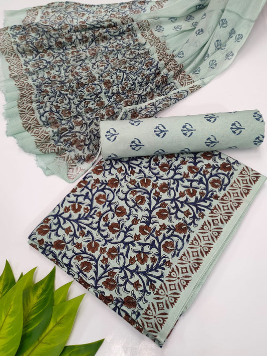 Hand Block Cotton Salwar Suit Set with Chiffon Dupatta  - TSPSCFVJ22