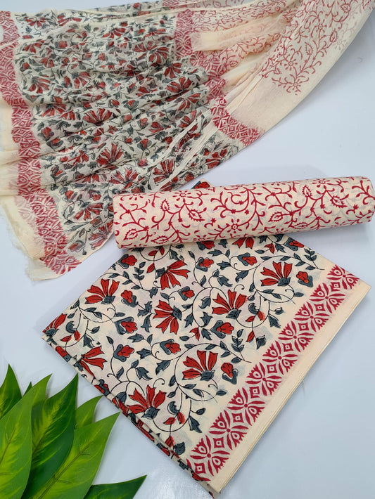 Hand Block Cotton Salwar Suit Set with Chiffon Dupatta  - TSPSCFVJ24