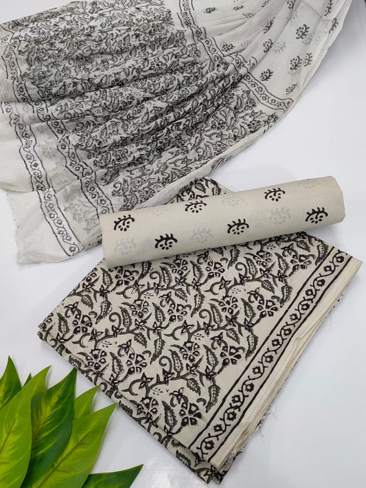 Hand Block Cotton Salwar Suit Set with Chiffon Dupatta  - TSPSCFVJ27