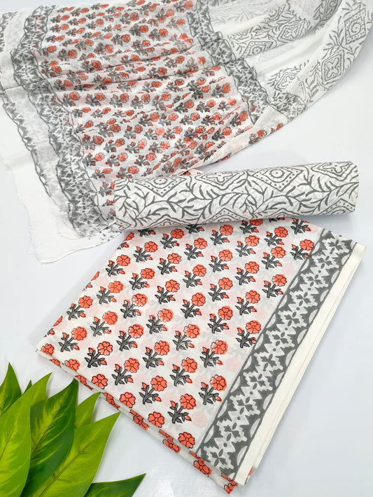 Hand Block Cotton Salwar Suit Set with Chiffon Dupatta  - TSPSCFVJ29