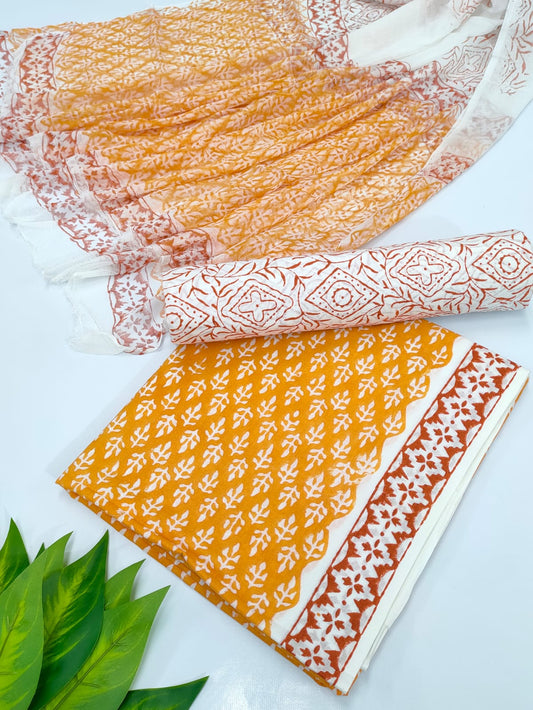 Hand Block Cotton Salwar Suit Set with Chiffon Dupatta  - TSPSCFVJ33