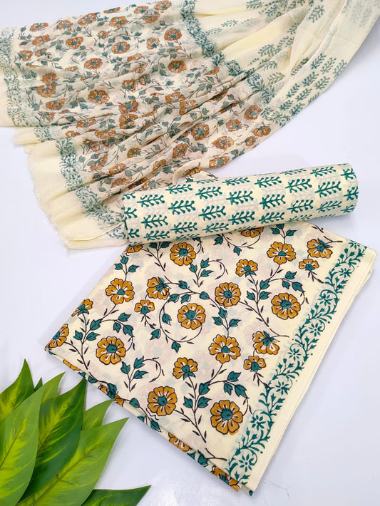 Hand Block Cotton Salwar Suit Set with Chiffon Dupatta  - TSPSCFVJ35
