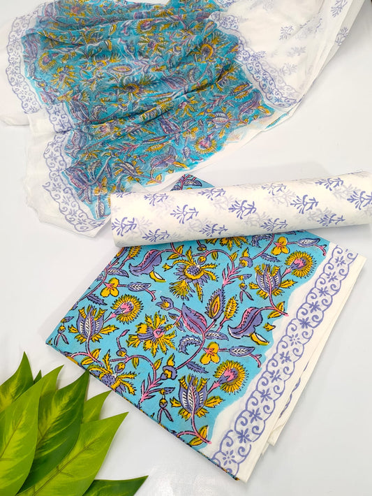 Hand Block Cotton Salwar Suit Set with Chiffon Dupatta  - TSPSCFVJ36