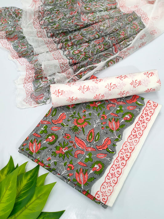 Hand Block Cotton Salwar Suit Set with Chiffon Dupatta  - TSPSCFVJ37