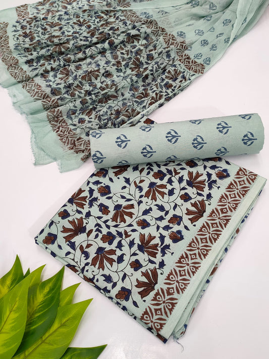 Hand Block Cotton Salwar Suit Set with Chiffon Dupatta  - TSPSCFVJ38