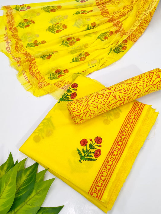 Hand Block Cotton Salwar Suit Set with Chiffon Dupatta  - TSPSCFVJ43