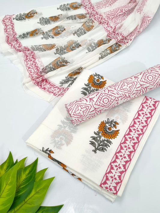 Hand Block Cotton Salwar Suit Set with Chiffon Dupatta  - TSPSCFVJ45