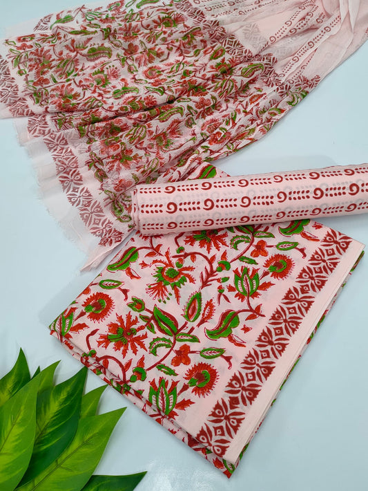 Hand Block Cotton Salwar Suit Set with Chiffon Dupatta  - TSPSCFVJ48