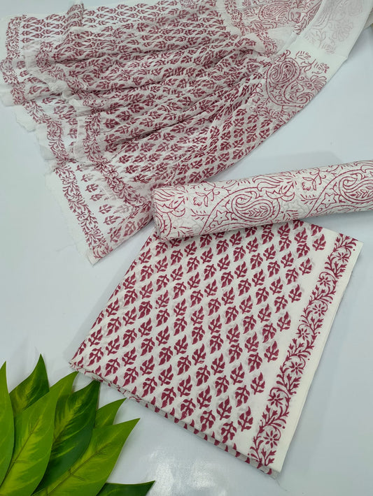 Hand Block Cotton Salwar Suit Set with Chiffon Dupatta  - TSPSCFVJ4