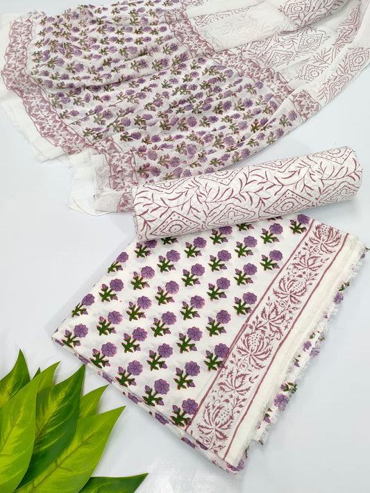 Hand Block Cotton Salwar Suit Set with Chiffon Dupatta  - TSPSCFVJ50