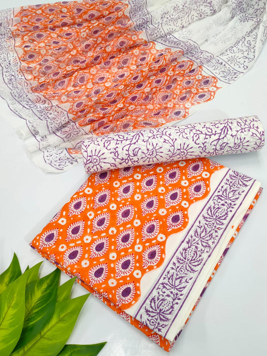 Hand Block Cotton Salwar Suit Set with Chiffon Dupatta  - TSPSCFVJ51