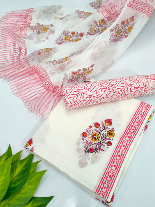 Hand Block Cotton Salwar Suit Set with Chiffon Dupatta  - TSPSCFVJ56