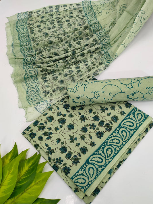 Hand Block Cotton Salwar Suit Set with Chiffon Dupatta  - TSPSCFVJ59