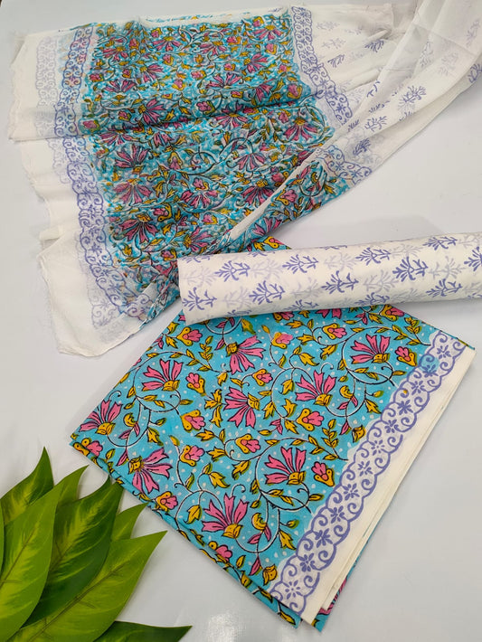 Hand Block Cotton Salwar Suit Set with Chiffon Dupatta  - TSPSCFVJ62