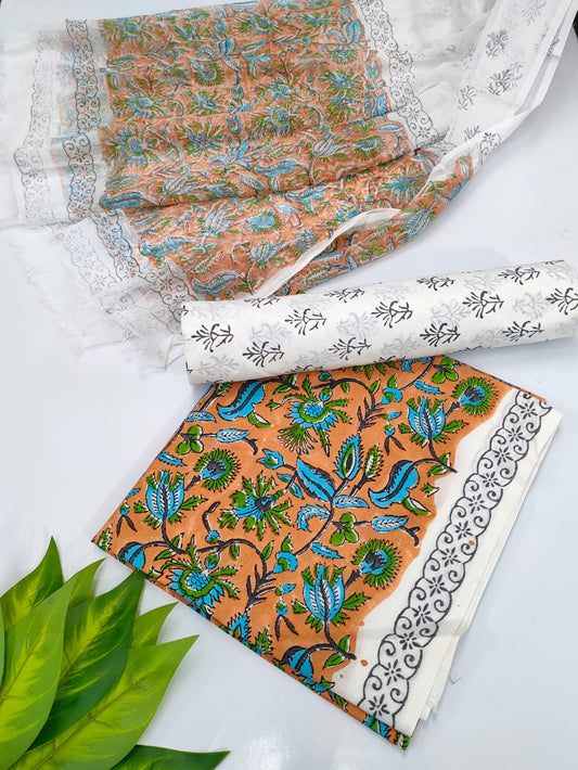 Hand Block Cotton Salwar Suit Set with Chiffon Dupatta  - TSPSCFVJ63