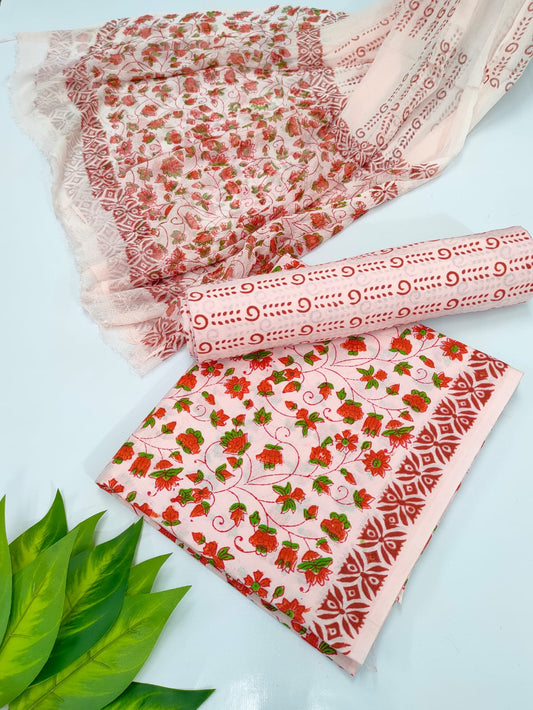Hand Block Cotton Salwar Suit Set with Chiffon Dupatta  - TSPSCFVJ66