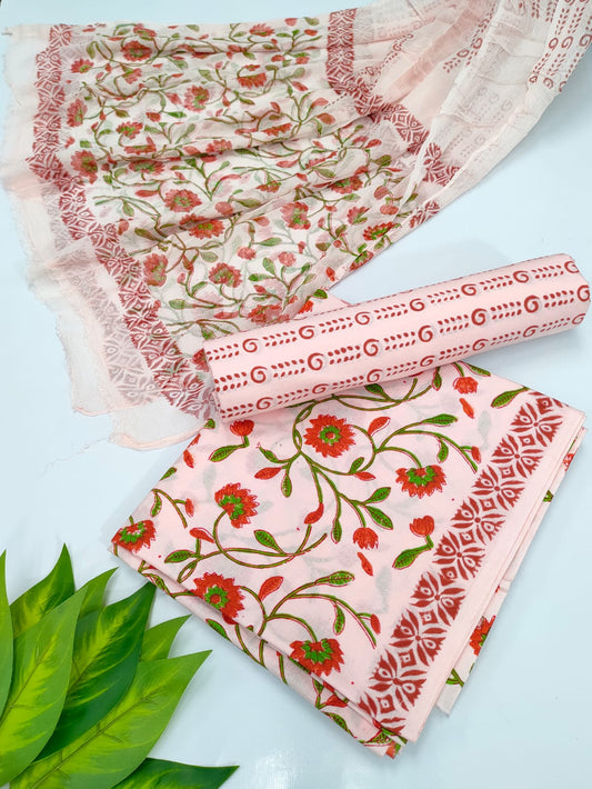 Hand Block Cotton Salwar Suit Set with Chiffon Dupatta  - TSPSCFVJ67
