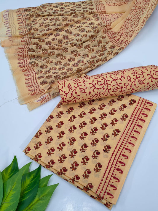 Hand Block Cotton Salwar Suit Set with Chiffon Dupatta  - TSPSCFVJ6