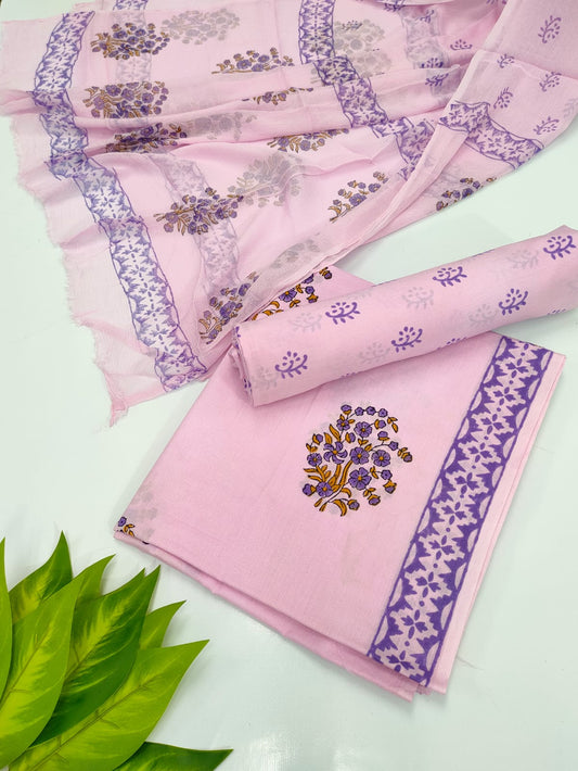 Hand Block Cotton Salwar Suit Set with Chiffon Dupatta  - TSPSCFVJ73